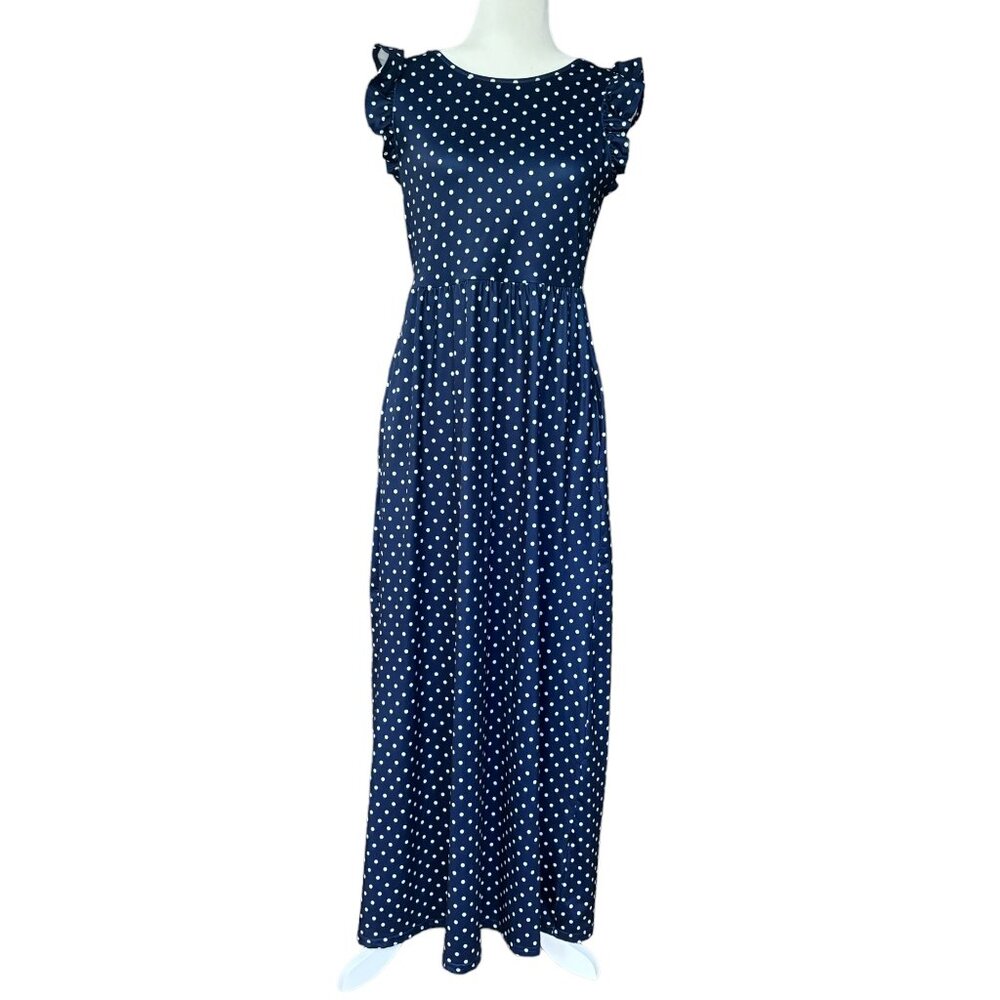 ZATTCAS Long Navy Blue Polka Dot Dress NWT